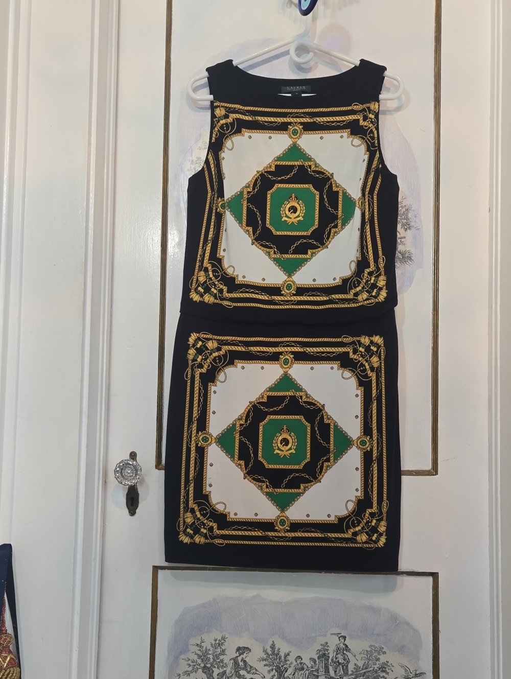 Classy Statement Ralph Lauren Dress with Gold and Green Medallion Print